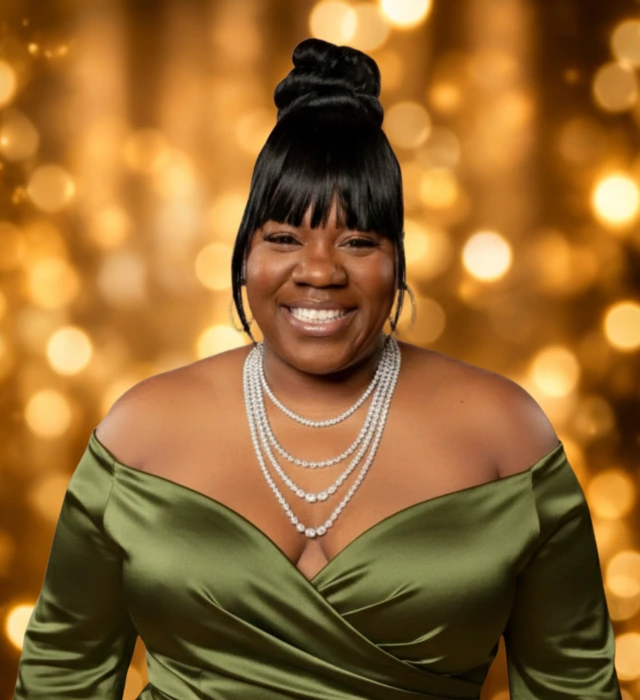 Tashona S. Whyte in her green dress against a warm gold background